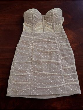 h:ours Strapless Taupe Dot Mesh Mini Dress